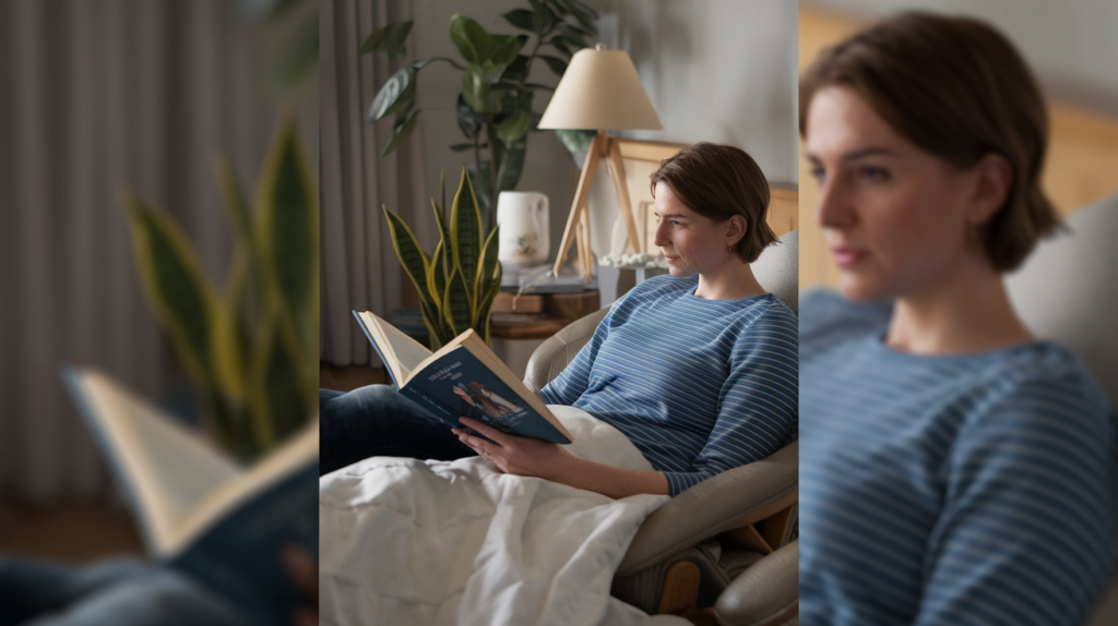 A photo of a woman with a photo of a man reading a book Siena Hospice